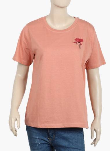 Women Embroidered T-shirt ( Coral Haze )