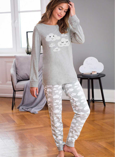 Cloud Print Long Sleeve Pajamas(Grey)