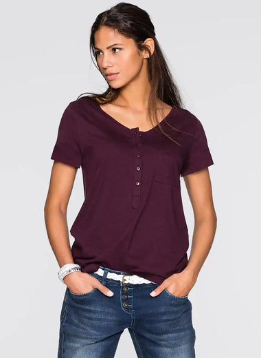 Combinable T-shirt with pocket and wide neckline(Burgundy)