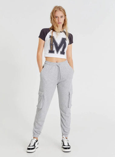 PULL&BEAR BASIC CARGO JOGGING TROUSERS(GREY MARL)