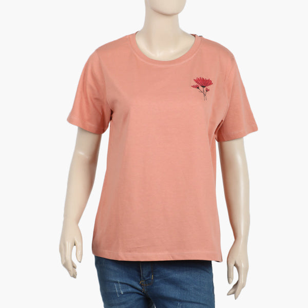 Women Embroidered T-shirt ( Coral Haze )
