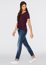 Combinable T-shirt with pocket and wide neckline(Burgundy)