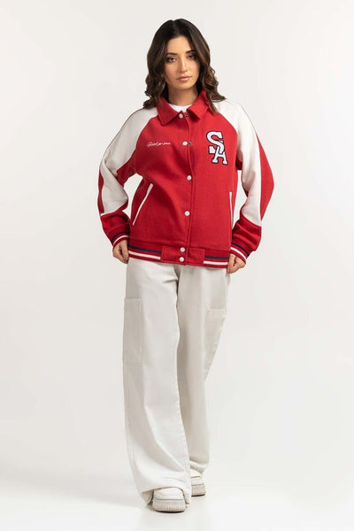 Red Knitted Varsity Jacket