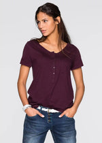 Combinable T-shirt with pocket and wide neckline(Burgundy)