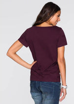 Combinable T-shirt with pocket and wide neckline(Burgundy)