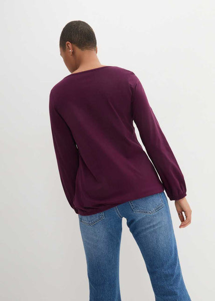 Comfortable shirt with long sleeves and V-neck(Burgundy)