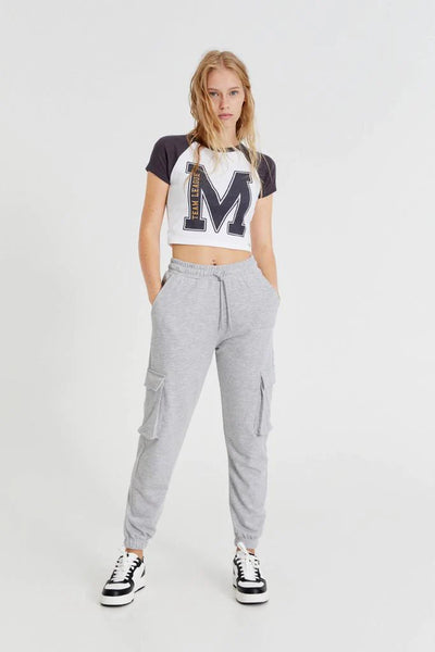 PULL&BEAR BASIC CARGO JOGGING TROUSERS(GREY MARL)